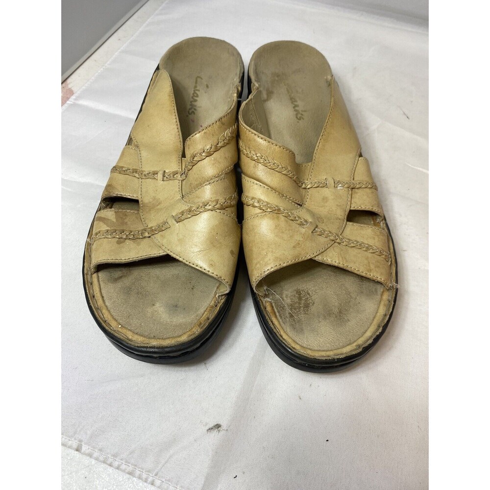 Clarks Light Brown Strappy Leather Slip On Sandals Size 10 Open Toe - Picture 6 of 9